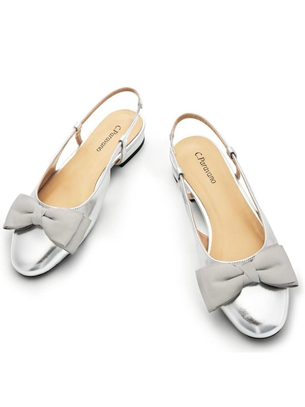 C. Paravano Size 8.5 (EU 39.5)- Sling Back Flats - Silver With Bow Accent. - Picture 2 of 10